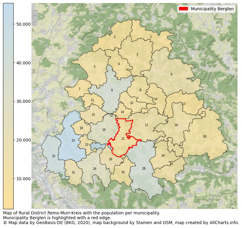 Map of Rural district Rems-Murr-Kreis with the population per municipality.Municipality Berglen is highlighted with a red edge.. This page shows a lot of information about residents (such as the distribution by age groups, family composition, gender, native or German with an immigration background, ...), homes (numbers, types, price development, use, type of property, ...) and more (car ownership, energy consumption, ...) based on open data from the German Federal Agency for Cartography, the Federal Statistical Office (DESTATIS), the Regional Statistical Offices and various other sources!