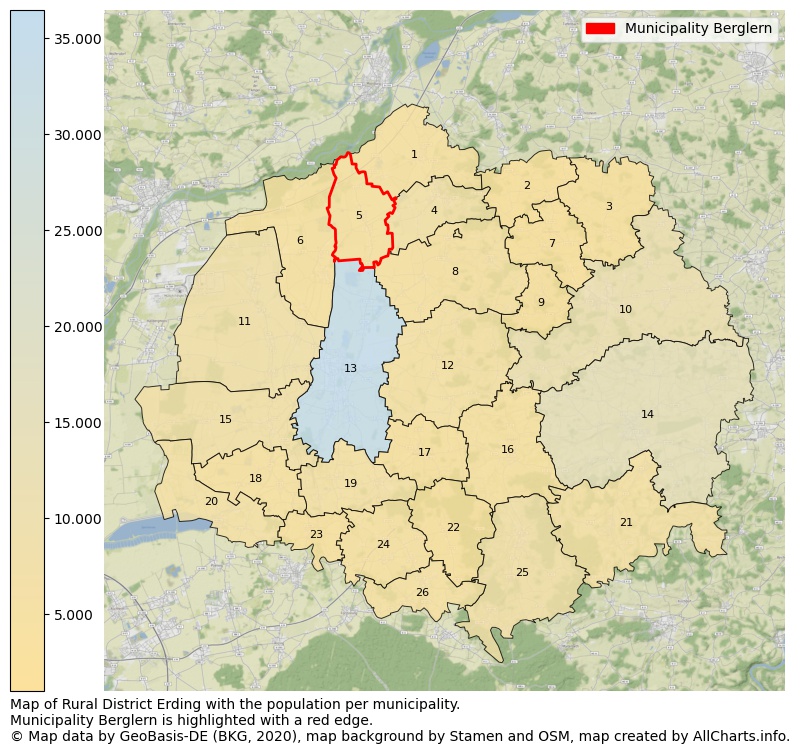 Map of Rural district Erding with the population per municipality.Municipality Berglern is highlighted with a red edge.. This page shows a lot of information about residents (such as the distribution by age groups, family composition, gender, native or German with an immigration background, ...), homes (numbers, types, price development, use, type of property, ...) and more (car ownership, energy consumption, ...) based on open data from the German Federal Agency for Cartography, the Federal Statistical Office (DESTATIS), the Regional Statistical Offices and various other sources!