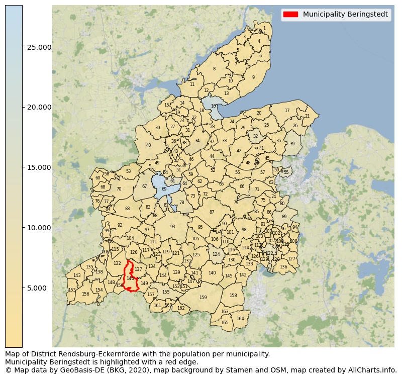 Map of District Rendsburg-Eckernförde with the population per municipality.Municipality Beringstedt is highlighted with a red edge.. This page shows a lot of information about residents (such as the distribution by age groups, family composition, gender, native or German with an immigration background, ...), homes (numbers, types, price development, use, type of property, ...) and more (car ownership, energy consumption, ...) based on open data from the German Federal Agency for Cartography, the Federal Statistical Office (DESTATIS), the Regional Statistical Offices and various other sources!