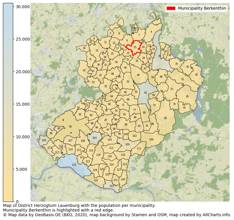 Map of District Herzogtum Lauenburg with the population per municipality.Municipality Berkenthin is highlighted with a red edge.. This page shows a lot of information about residents (such as the distribution by age groups, family composition, gender, native or German with an immigration background, ...), homes (numbers, types, price development, use, type of property, ...) and more (car ownership, energy consumption, ...) based on open data from the German Federal Agency for Cartography, the Federal Statistical Office (DESTATIS), the Regional Statistical Offices and various other sources!