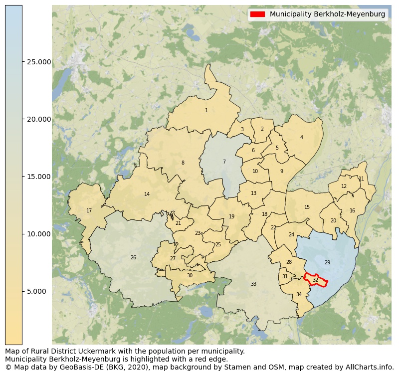 Map of Rural district Uckermark with the population per municipality.Municipality Berkholz-Meyenburg is highlighted with a red edge.. This page shows a lot of information about residents (such as the distribution by age groups, family composition, gender, native or German with an immigration background, ...), homes (numbers, types, price development, use, type of property, ...) and more (car ownership, energy consumption, ...) based on open data from the German Federal Agency for Cartography, the Federal Statistical Office (DESTATIS), the Regional Statistical Offices and various other sources!