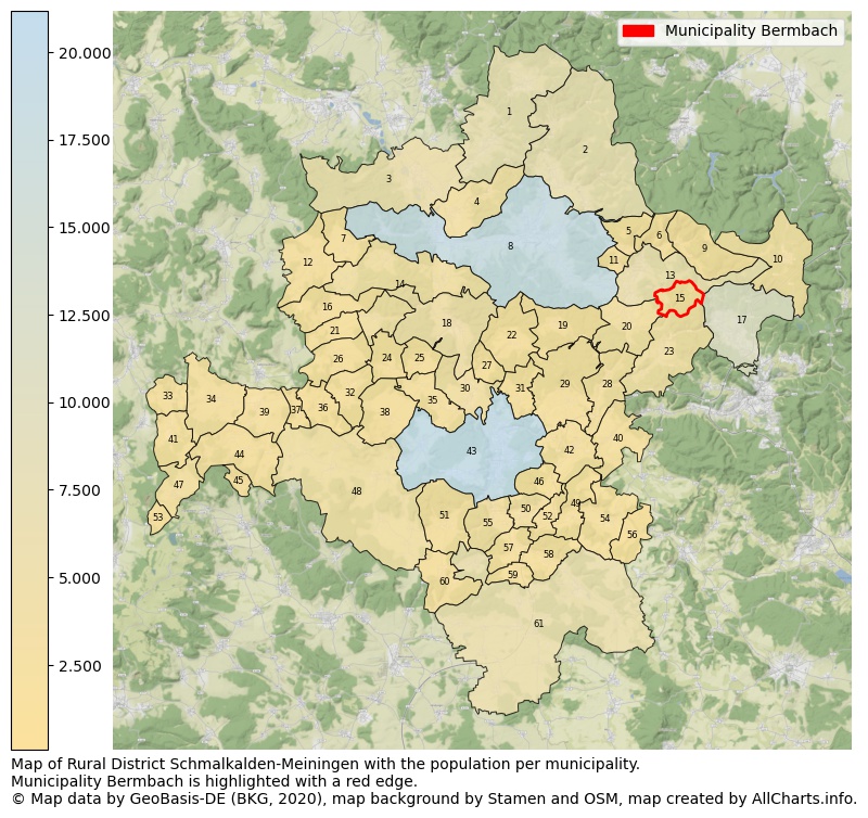 Map of Rural district Schmalkalden-Meiningen with the population per municipality.Municipality Bermbach is highlighted with a red edge.. This page shows a lot of information about residents (such as the distribution by age groups, family composition, gender, native or German with an immigration background, ...), homes (numbers, types, price development, use, type of property, ...) and more (car ownership, energy consumption, ...) based on open data from the German Federal Agency for Cartography, the Federal Statistical Office (DESTATIS), the Regional Statistical Offices and various other sources!