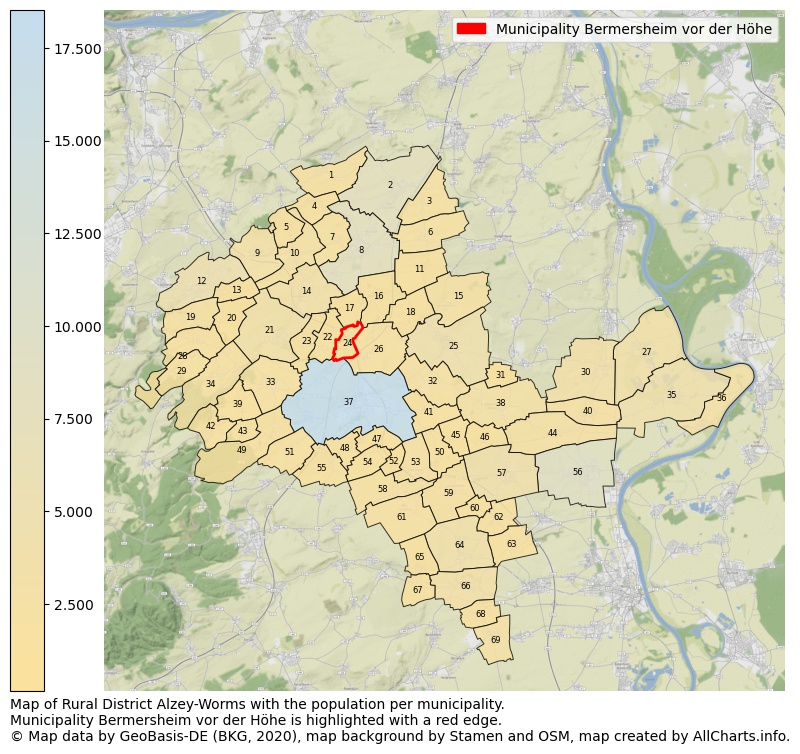 Map of Rural district Alzey-Worms with the population per municipality.Municipality Bermersheim vor der Höhe is highlighted with a red edge.. This page shows a lot of information about residents (such as the distribution by age groups, family composition, gender, native or German with an immigration background, ...), homes (numbers, types, price development, use, type of property, ...) and more (car ownership, energy consumption, ...) based on open data from the German Federal Agency for Cartography, the Federal Statistical Office (DESTATIS), the Regional Statistical Offices and various other sources!
