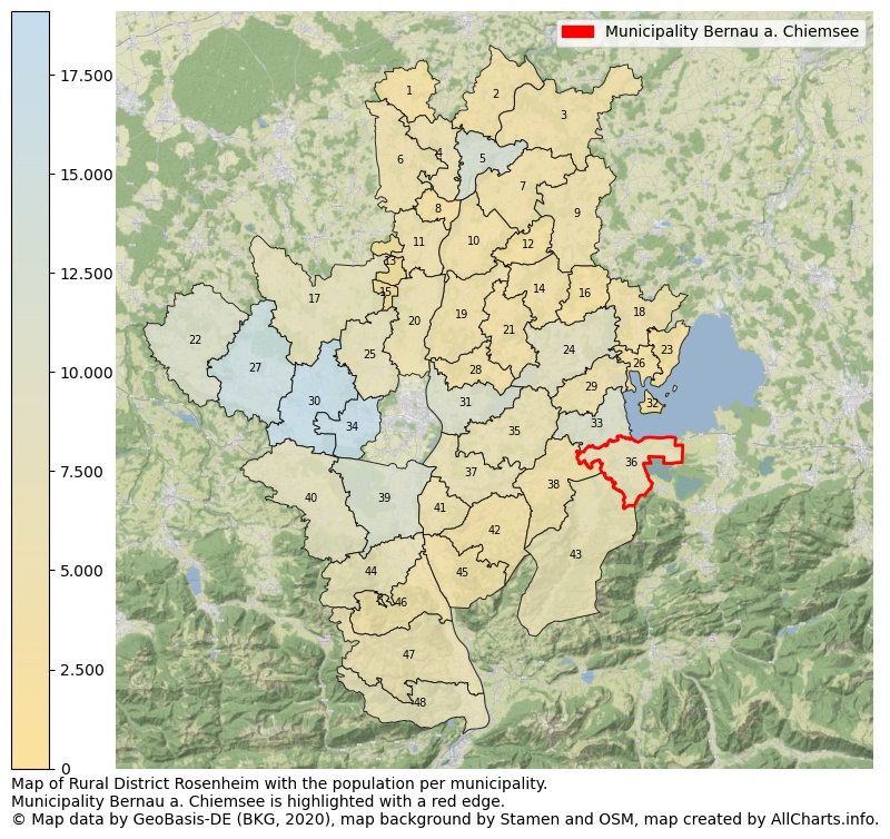 Map of Rural district Rosenheim with the population per municipality.Municipality Bernau a. Chiemsee is highlighted with a red edge.. This page shows a lot of information about residents (such as the distribution by age groups, family composition, gender, native or German with an immigration background, ...), homes (numbers, types, price development, use, type of property, ...) and more (car ownership, energy consumption, ...) based on open data from the German Federal Agency for Cartography, the Federal Statistical Office (DESTATIS), the Regional Statistical Offices and various other sources!