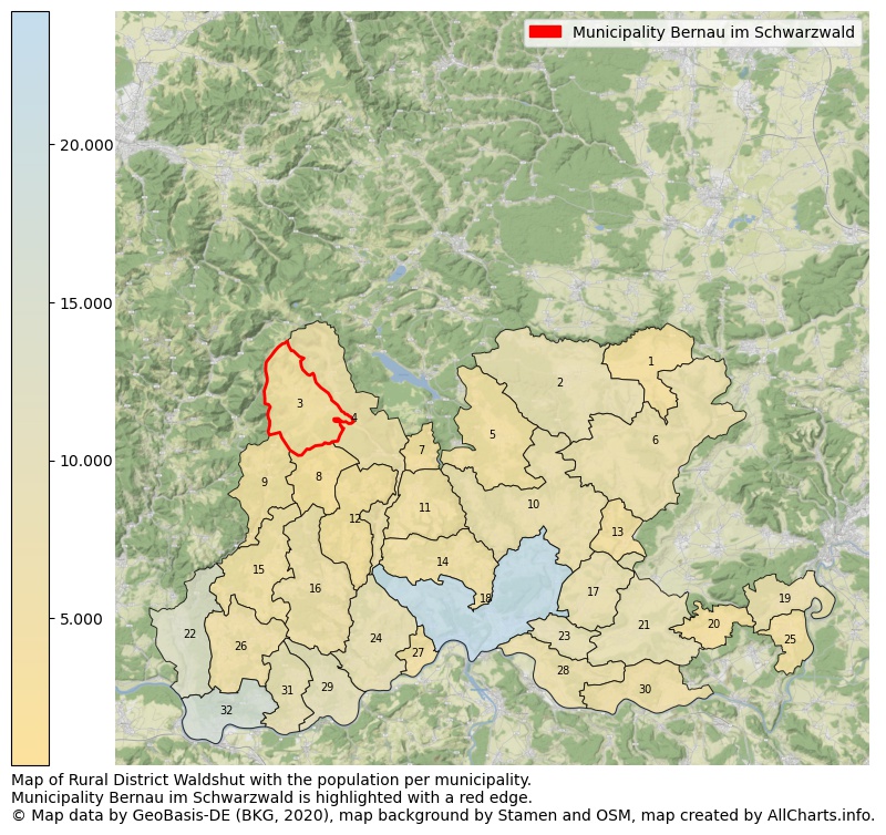 Map of Rural district Waldshut with the population per municipality.Municipality Bernau im Schwarzwald is highlighted with a red edge.. This page shows a lot of information about residents (such as the distribution by age groups, family composition, gender, native or German with an immigration background, ...), homes (numbers, types, price development, use, type of property, ...) and more (car ownership, energy consumption, ...) based on open data from the German Federal Agency for Cartography, the Federal Statistical Office (DESTATIS), the Regional Statistical Offices and various other sources!