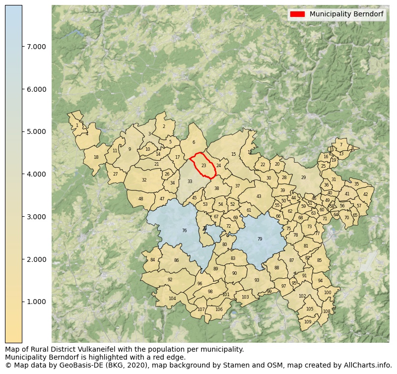 Map of Rural district Vulkaneifel with the population per municipality.Municipality Berndorf is highlighted with a red edge.. This page shows a lot of information about residents (such as the distribution by age groups, family composition, gender, native or German with an immigration background, ...), homes (numbers, types, price development, use, type of property, ...) and more (car ownership, energy consumption, ...) based on open data from the German Federal Agency for Cartography, the Federal Statistical Office (DESTATIS), the Regional Statistical Offices and various other sources!