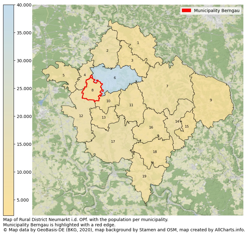 Map of Rural district Neumarkt i.d. OPf. with the population per municipality.Municipality Berngau is highlighted with a red edge.. This page shows a lot of information about residents (such as the distribution by age groups, family composition, gender, native or German with an immigration background, ...), homes (numbers, types, price development, use, type of property, ...) and more (car ownership, energy consumption, ...) based on open data from the German Federal Agency for Cartography, the Federal Statistical Office (DESTATIS), the Regional Statistical Offices and various other sources!