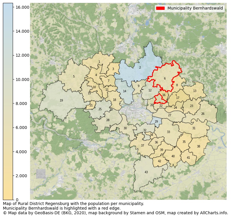 Map of Rural district Regensburg with the population per municipality.Municipality Bernhardswald is highlighted with a red edge.. This page shows a lot of information about residents (such as the distribution by age groups, family composition, gender, native or German with an immigration background, ...), homes (numbers, types, price development, use, type of property, ...) and more (car ownership, energy consumption, ...) based on open data from the German Federal Agency for Cartography, the Federal Statistical Office (DESTATIS), the Regional Statistical Offices and various other sources!