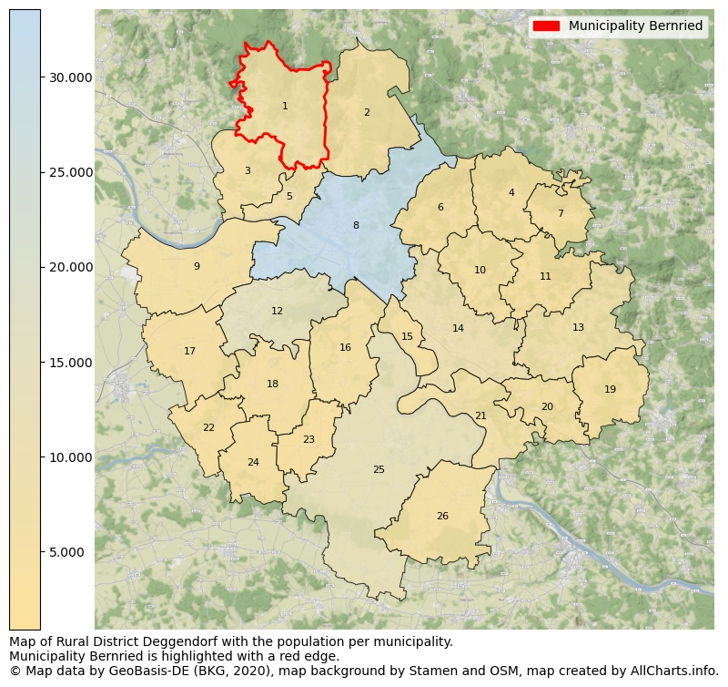 Map of Rural district Deggendorf with the population per municipality.Municipality Bernried is highlighted with a red edge.. This page shows a lot of information about residents (such as the distribution by age groups, family composition, gender, native or German with an immigration background, ...), homes (numbers, types, price development, use, type of property, ...) and more (car ownership, energy consumption, ...) based on open data from the German Federal Agency for Cartography, the Federal Statistical Office (DESTATIS), the Regional Statistical Offices and various other sources!