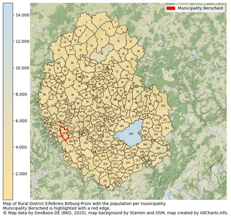Map of Rural district Eifelkreis Bitburg-Prüm with the population per municipality.Municipality Berscheid is highlighted with a red edge.. This page shows a lot of information about residents (such as the distribution by age groups, family composition, gender, native or German with an immigration background, ...), homes (numbers, types, price development, use, type of property, ...) and more (car ownership, energy consumption, ...) based on open data from the German Federal Agency for Cartography, the Federal Statistical Office (DESTATIS), the Regional Statistical Offices and various other sources!