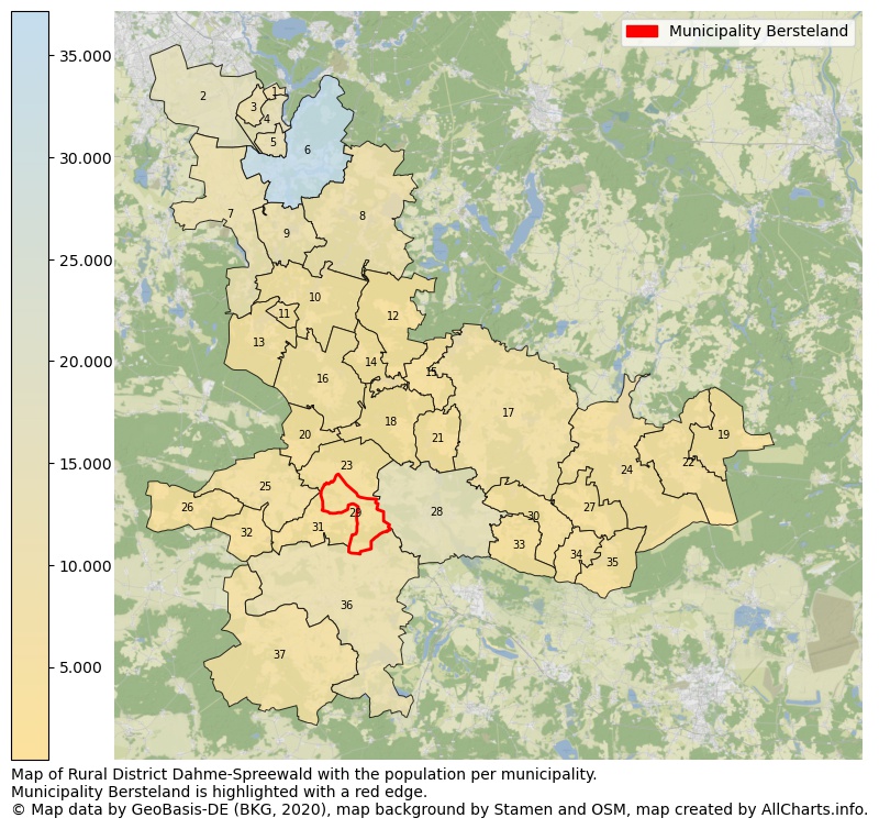 Map of Rural district Dahme-Spreewald with the population per municipality.Municipality Bersteland is highlighted with a red edge.. This page shows a lot of information about residents (such as the distribution by age groups, family composition, gender, native or German with an immigration background, ...), homes (numbers, types, price development, use, type of property, ...) and more (car ownership, energy consumption, ...) based on open data from the German Federal Agency for Cartography, the Federal Statistical Office (DESTATIS), the Regional Statistical Offices and various other sources!