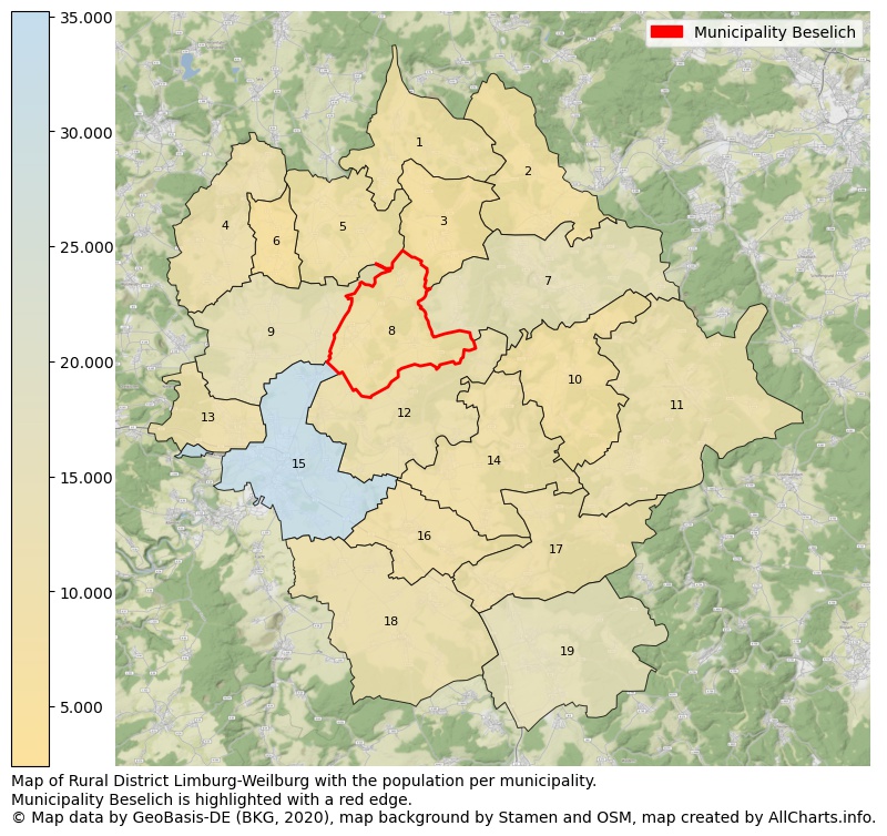 Map of Rural district Limburg-Weilburg with the population per municipality.Municipality Beselich is highlighted with a red edge.. This page shows a lot of information about residents (such as the distribution by age groups, family composition, gender, native or German with an immigration background, ...), homes (numbers, types, price development, use, type of property, ...) and more (car ownership, energy consumption, ...) based on open data from the German Federal Agency for Cartography, the Federal Statistical Office (DESTATIS), the Regional Statistical Offices and various other sources!