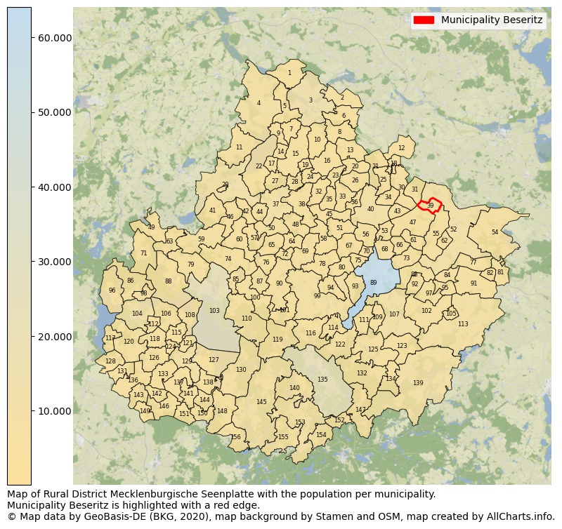 Map of Rural district Mecklenburgische Seenplatte with the population per municipality.Municipality Beseritz is highlighted with a red edge.. This page shows a lot of information about residents (such as the distribution by age groups, family composition, gender, native or German with an immigration background, ...), homes (numbers, types, price development, use, type of property, ...) and more (car ownership, energy consumption, ...) based on open data from the German Federal Agency for Cartography, the Federal Statistical Office (DESTATIS), the Regional Statistical Offices and various other sources!