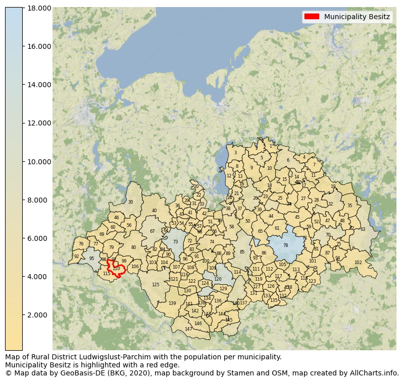 Map of Rural district Ludwigslust-Parchim with the population per municipality.Municipality Besitz is highlighted with a red edge.. This page shows a lot of information about residents (such as the distribution by age groups, family composition, gender, native or German with an immigration background, ...), homes (numbers, types, price development, use, type of property, ...) and more (car ownership, energy consumption, ...) based on open data from the German Federal Agency for Cartography, the Federal Statistical Office (DESTATIS), the Regional Statistical Offices and various other sources!