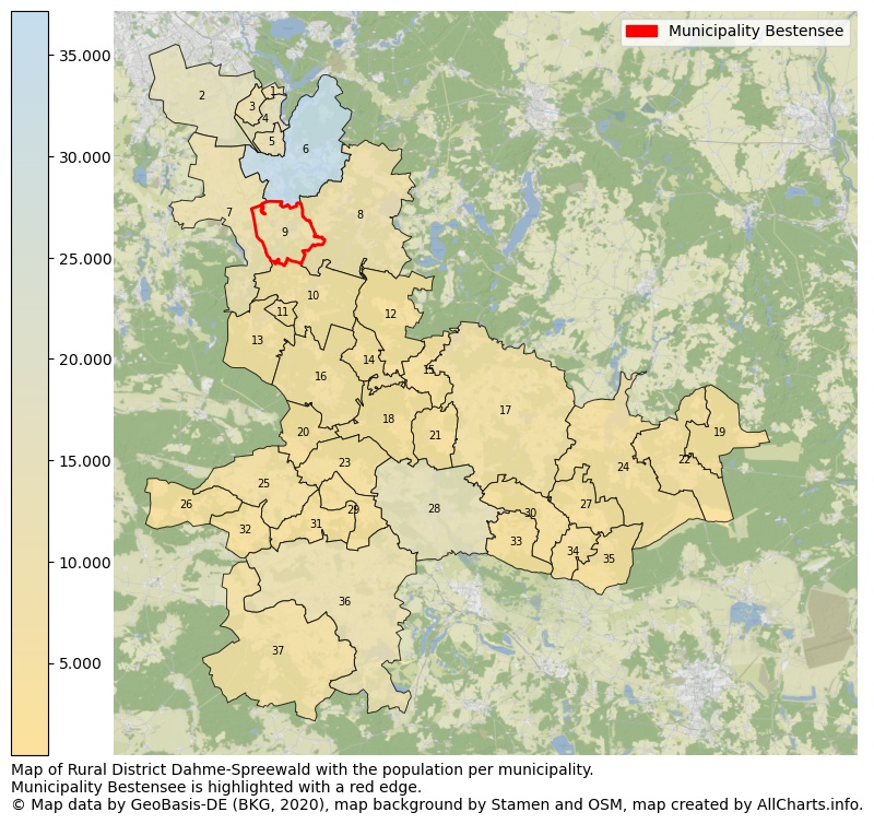 Map of Rural district Dahme-Spreewald with the population per municipality.Municipality Bestensee is highlighted with a red edge.. This page shows a lot of information about residents (such as the distribution by age groups, family composition, gender, native or German with an immigration background, ...), homes (numbers, types, price development, use, type of property, ...) and more (car ownership, energy consumption, ...) based on open data from the German Federal Agency for Cartography, the Federal Statistical Office (DESTATIS), the Regional Statistical Offices and various other sources!
