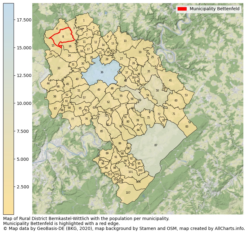 Map of Rural district Bernkastel-Wittlich with the population per municipality.Municipality Bettenfeld is highlighted with a red edge.. This page shows a lot of information about residents (such as the distribution by age groups, family composition, gender, native or German with an immigration background, ...), homes (numbers, types, price development, use, type of property, ...) and more (car ownership, energy consumption, ...) based on open data from the German Federal Agency for Cartography, the Federal Statistical Office (DESTATIS), the Regional Statistical Offices and various other sources!