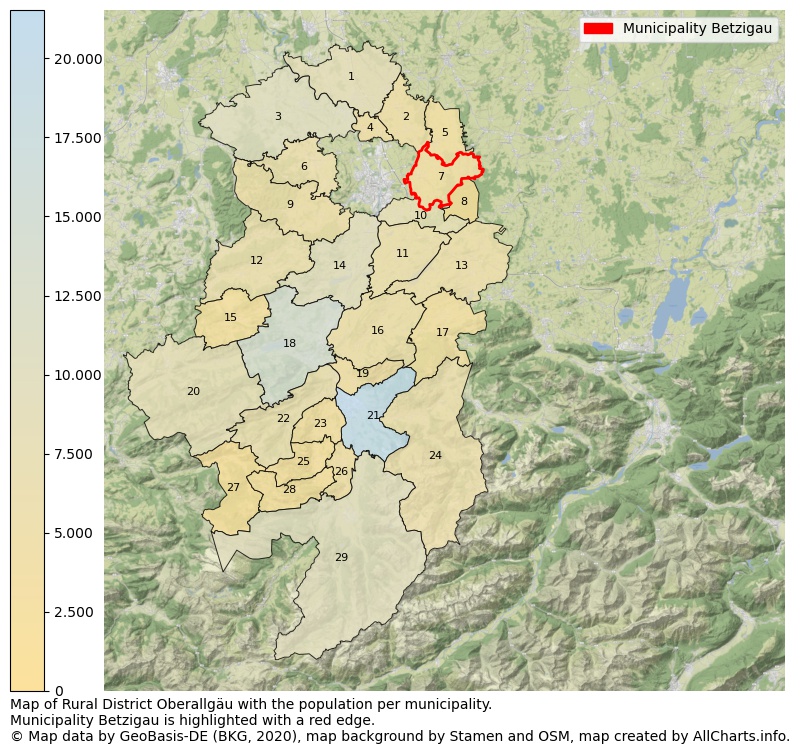 Map of Rural district Oberallgäu with the population per municipality.Municipality Betzigau is highlighted with a red edge.. This page shows a lot of information about residents (such as the distribution by age groups, family composition, gender, native or German with an immigration background, ...), homes (numbers, types, price development, use, type of property, ...) and more (car ownership, energy consumption, ...) based on open data from the German Federal Agency for Cartography, the Federal Statistical Office (DESTATIS), the Regional Statistical Offices and various other sources!