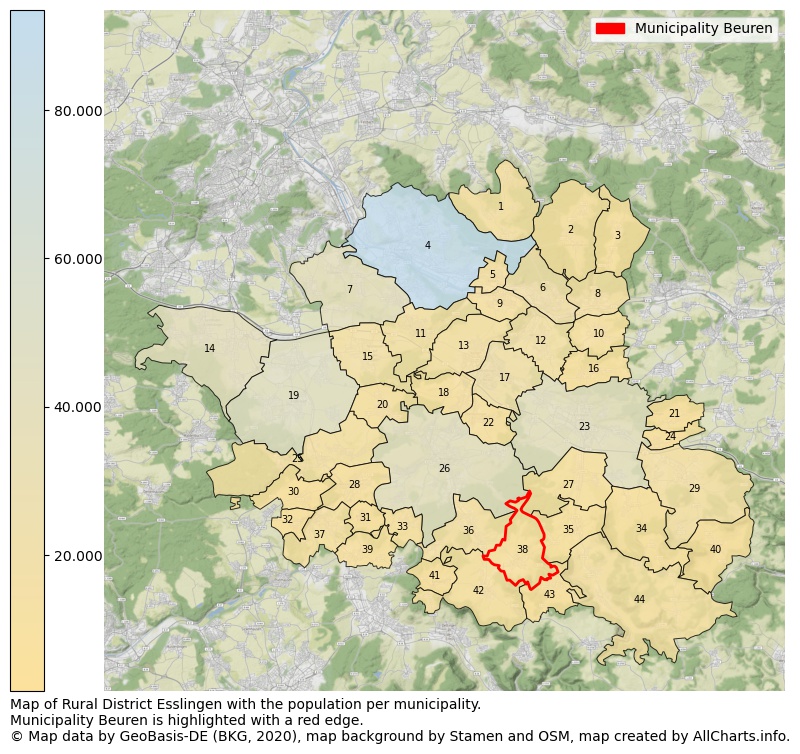 Map of Rural district Esslingen with the population per municipality.Municipality Beuren is highlighted with a red edge.. This page shows a lot of information about residents (such as the distribution by age groups, family composition, gender, native or German with an immigration background, ...), homes (numbers, types, price development, use, type of property, ...) and more (car ownership, energy consumption, ...) based on open data from the German Federal Agency for Cartography, the Federal Statistical Office (DESTATIS), the Regional Statistical Offices and various other sources!