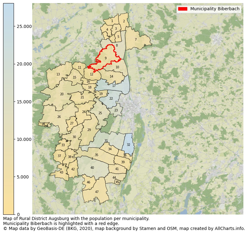 Map of Rural district Augsburg with the population per municipality.Municipality Biberbach is highlighted with a red edge.. This page shows a lot of information about residents (such as the distribution by age groups, family composition, gender, native or German with an immigration background, ...), homes (numbers, types, price development, use, type of property, ...) and more (car ownership, energy consumption, ...) based on open data from the German Federal Agency for Cartography, the Federal Statistical Office (DESTATIS), the Regional Statistical Offices and various other sources!