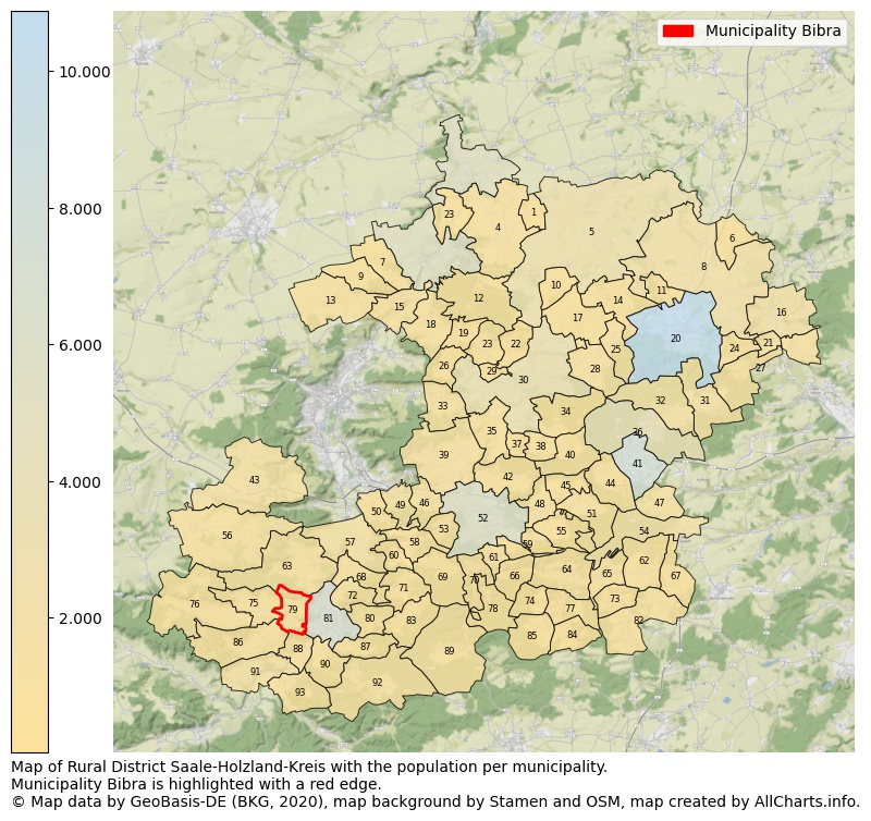Map of Rural district Saale-Holzland-Kreis with the population per municipality.Municipality Bibra is highlighted with a red edge.. This page shows a lot of information about residents (such as the distribution by age groups, family composition, gender, native or German with an immigration background, ...), homes (numbers, types, price development, use, type of property, ...) and more (car ownership, energy consumption, ...) based on open data from the German Federal Agency for Cartography, the Federal Statistical Office (DESTATIS), the Regional Statistical Offices and various other sources!