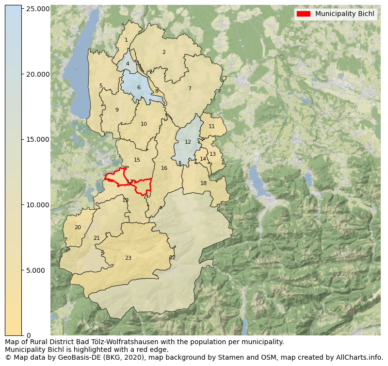 Map of Rural district Bad Tölz-Wolfratshausen with the population per municipality.Municipality Bichl is highlighted with a red edge.. This page shows a lot of information about residents (such as the distribution by age groups, family composition, gender, native or German with an immigration background, ...), homes (numbers, types, price development, use, type of property, ...) and more (car ownership, energy consumption, ...) based on open data from the German Federal Agency for Cartography, the Federal Statistical Office (DESTATIS), the Regional Statistical Offices and various other sources!