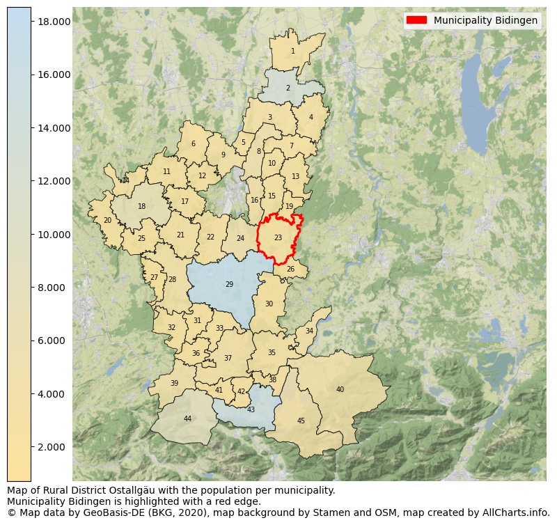 Map of Rural district Ostallgäu with the population per municipality.Municipality Bidingen is highlighted with a red edge.. This page shows a lot of information about residents (such as the distribution by age groups, family composition, gender, native or German with an immigration background, ...), homes (numbers, types, price development, use, type of property, ...) and more (car ownership, energy consumption, ...) based on open data from the German Federal Agency for Cartography, the Federal Statistical Office (DESTATIS), the Regional Statistical Offices and various other sources!