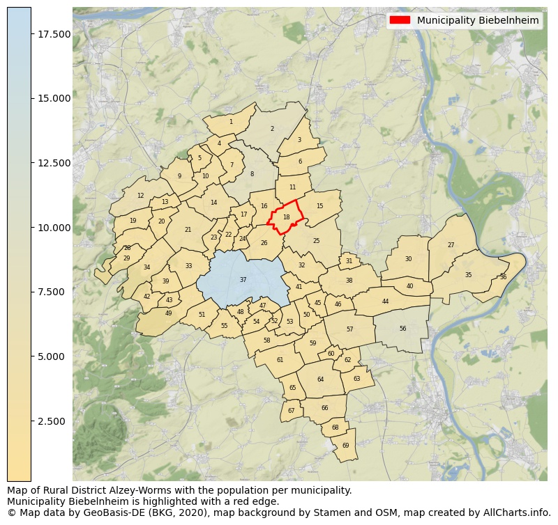 Map of Rural district Alzey-Worms with the population per municipality.Municipality Biebelnheim is highlighted with a red edge.. This page shows a lot of information about residents (such as the distribution by age groups, family composition, gender, native or German with an immigration background, ...), homes (numbers, types, price development, use, type of property, ...) and more (car ownership, energy consumption, ...) based on open data from the German Federal Agency for Cartography, the Federal Statistical Office (DESTATIS), the Regional Statistical Offices and various other sources!