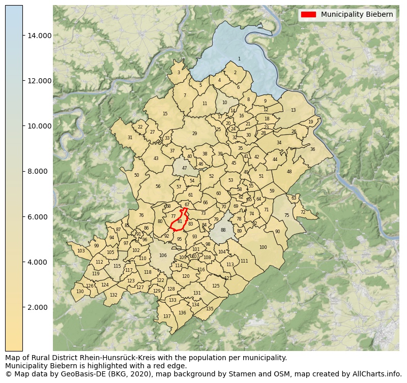Map of Rural district Rhein-Hunsrück-Kreis with the population per municipality.Municipality Biebern is highlighted with a red edge.. This page shows a lot of information about residents (such as the distribution by age groups, family composition, gender, native or German with an immigration background, ...), homes (numbers, types, price development, use, type of property, ...) and more (car ownership, energy consumption, ...) based on open data from the German Federal Agency for Cartography, the Federal Statistical Office (DESTATIS), the Regional Statistical Offices and various other sources!