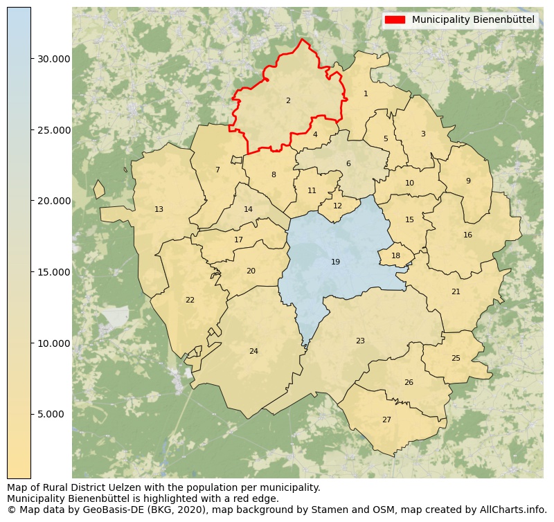 Map of Rural district Uelzen with the population per municipality.Municipality Bienenbüttel is highlighted with a red edge.. This page shows a lot of information about residents (such as the distribution by age groups, family composition, gender, native or German with an immigration background, ...), homes (numbers, types, price development, use, type of property, ...) and more (car ownership, energy consumption, ...) based on open data from the German Federal Agency for Cartography, the Federal Statistical Office (DESTATIS), the Regional Statistical Offices and various other sources!