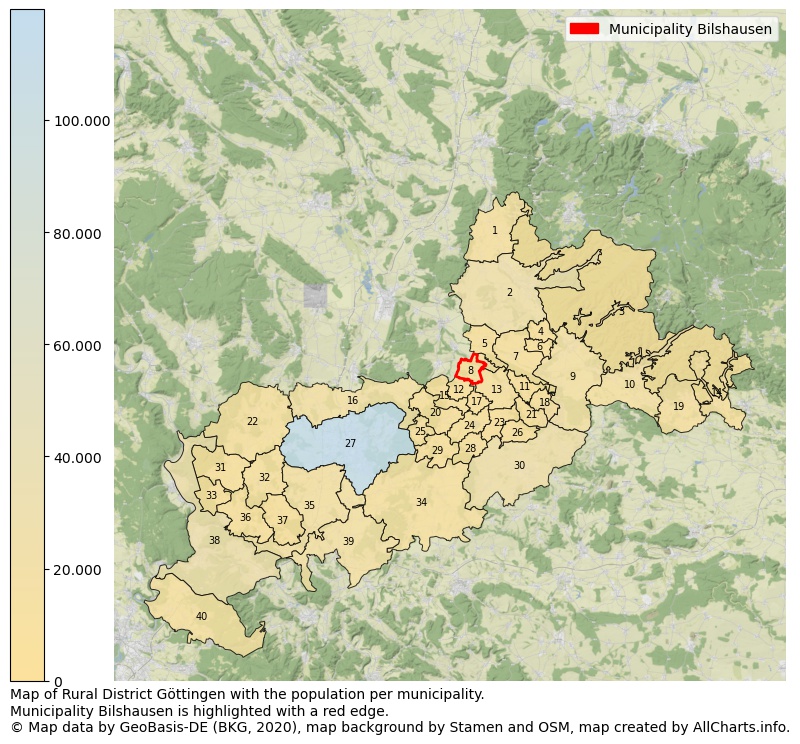 Map of Rural district Göttingen with the population per municipality.Municipality Bilshausen is highlighted with a red edge.. This page shows a lot of information about residents (such as the distribution by age groups, family composition, gender, native or German with an immigration background, ...), homes (numbers, types, price development, use, type of property, ...) and more (car ownership, energy consumption, ...) based on open data from the German Federal Agency for Cartography, the Federal Statistical Office (DESTATIS), the Regional Statistical Offices and various other sources!