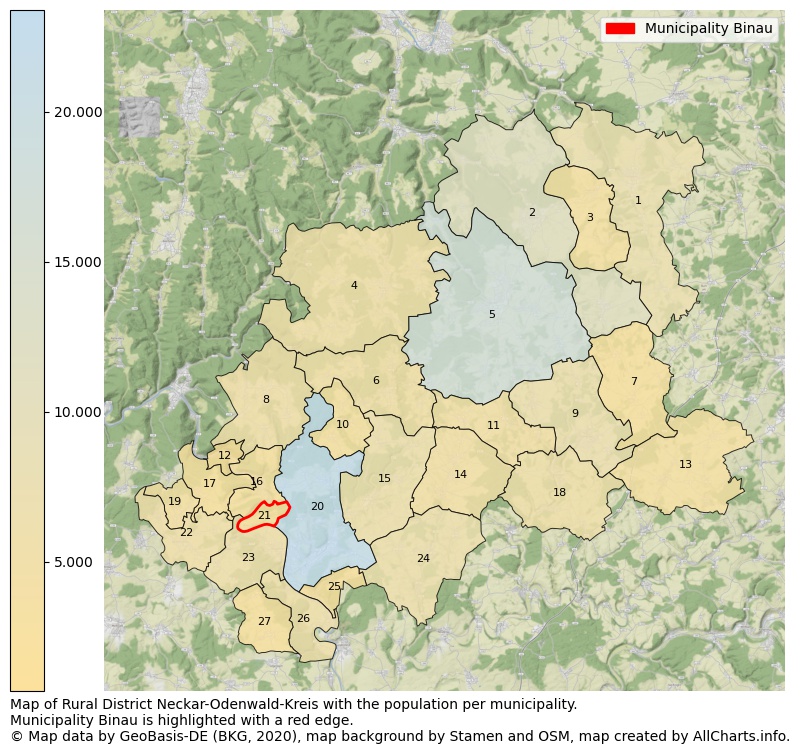 Map of Rural district Neckar-Odenwald-Kreis with the population per municipality.Municipality Binau is highlighted with a red edge.. This page shows a lot of information about residents (such as the distribution by age groups, family composition, gender, native or German with an immigration background, ...), homes (numbers, types, price development, use, type of property, ...) and more (car ownership, energy consumption, ...) based on open data from the German Federal Agency for Cartography, the Federal Statistical Office (DESTATIS), the Regional Statistical Offices and various other sources!