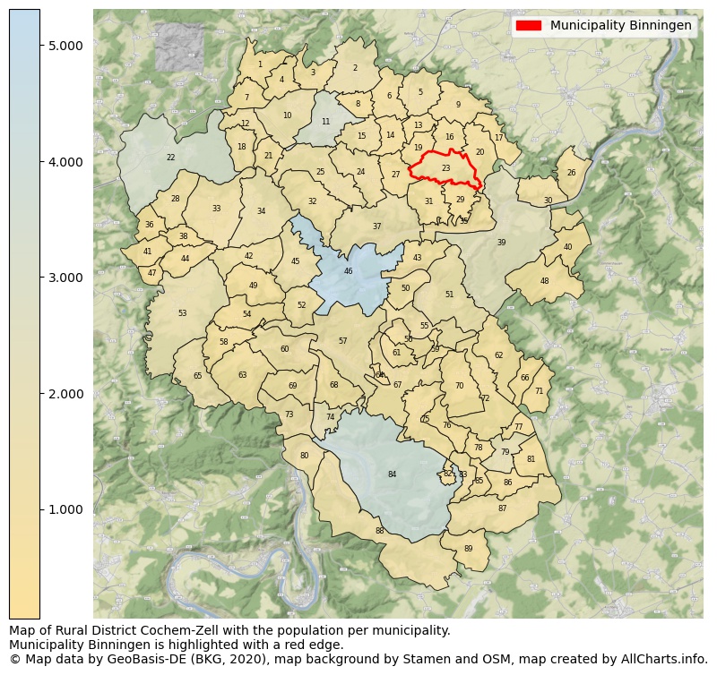Map of Rural district Cochem-Zell with the population per municipality.Municipality Binningen is highlighted with a red edge.. This page shows a lot of information about residents (such as the distribution by age groups, family composition, gender, native or German with an immigration background, ...), homes (numbers, types, price development, use, type of property, ...) and more (car ownership, energy consumption, ...) based on open data from the German Federal Agency for Cartography, the Federal Statistical Office (DESTATIS), the Regional Statistical Offices and various other sources!