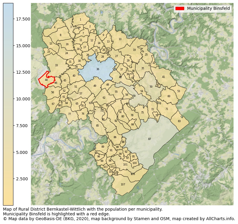 Map of Rural district Bernkastel-Wittlich with the population per municipality.Municipality Binsfeld is highlighted with a red edge.. This page shows a lot of information about residents (such as the distribution by age groups, family composition, gender, native or German with an immigration background, ...), homes (numbers, types, price development, use, type of property, ...) and more (car ownership, energy consumption, ...) based on open data from the German Federal Agency for Cartography, the Federal Statistical Office (DESTATIS), the Regional Statistical Offices and various other sources!
