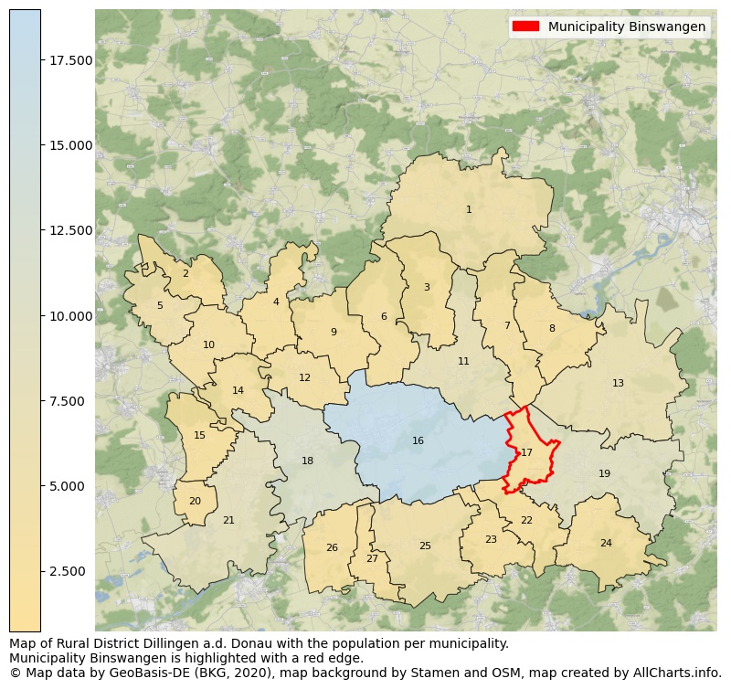 Map of Rural district Dillingen a.d. Donau with the population per municipality.Municipality Binswangen is highlighted with a red edge.. This page shows a lot of information about residents (such as the distribution by age groups, family composition, gender, native or German with an immigration background, ...), homes (numbers, types, price development, use, type of property, ...) and more (car ownership, energy consumption, ...) based on open data from the German Federal Agency for Cartography, the Federal Statistical Office (DESTATIS), the Regional Statistical Offices and various other sources!