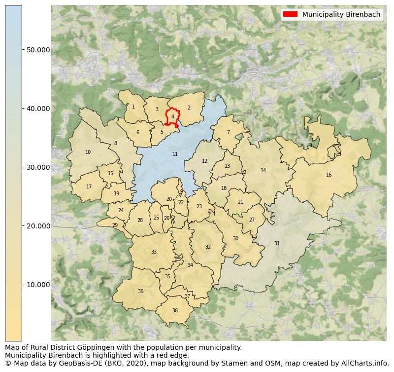Map of Rural district Göppingen with the population per municipality.Municipality Birenbach is highlighted with a red edge.. This page shows a lot of information about residents (such as the distribution by age groups, family composition, gender, native or German with an immigration background, ...), homes (numbers, types, price development, use, type of property, ...) and more (car ownership, energy consumption, ...) based on open data from the German Federal Agency for Cartography, the Federal Statistical Office (DESTATIS), the Regional Statistical Offices and various other sources!