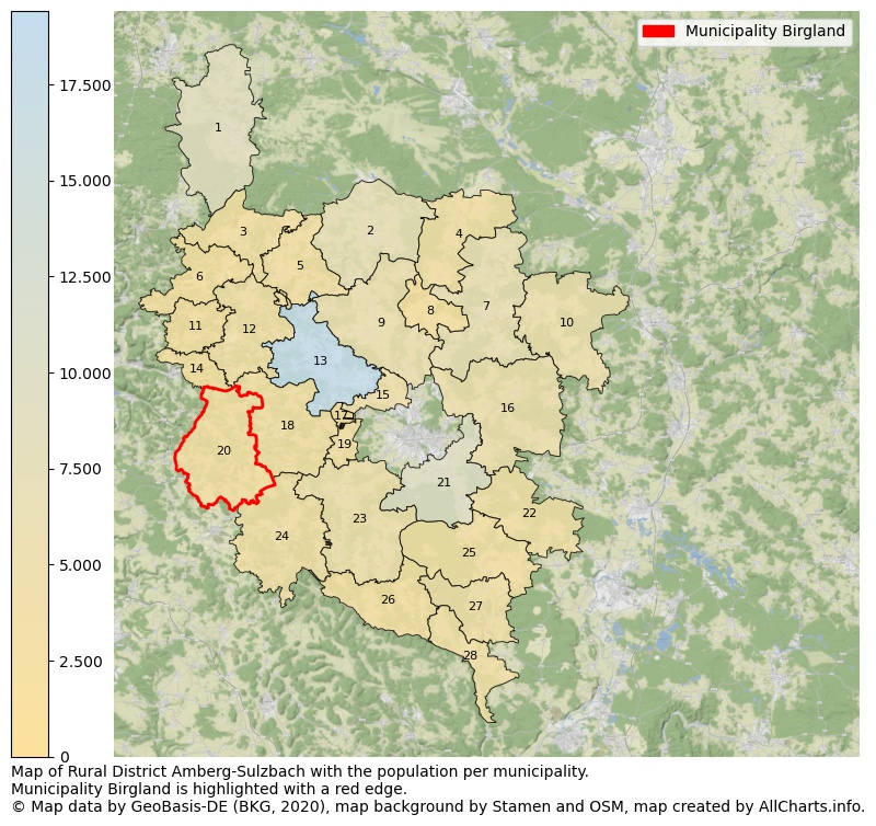 Map of Rural district Amberg-Sulzbach with the population per municipality.Municipality Birgland is highlighted with a red edge.. This page shows a lot of information about residents (such as the distribution by age groups, family composition, gender, native or German with an immigration background, ...), homes (numbers, types, price development, use, type of property, ...) and more (car ownership, energy consumption, ...) based on open data from the German Federal Agency for Cartography, the Federal Statistical Office (DESTATIS), the Regional Statistical Offices and various other sources!