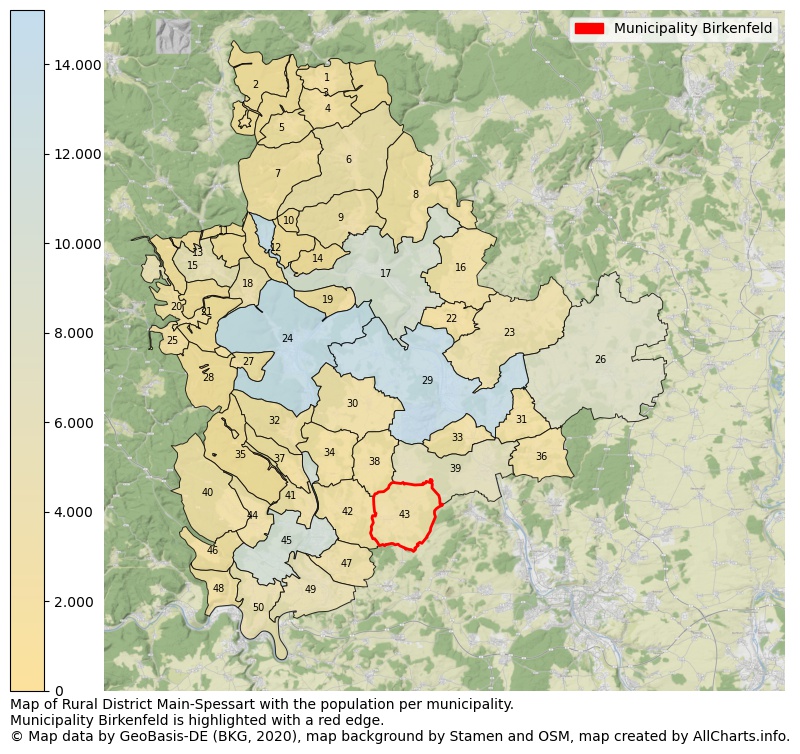 Map of Rural district Main-Spessart with the population per municipality.Municipality Birkenfeld is highlighted with a red edge.. This page shows a lot of information about residents (such as the distribution by age groups, family composition, gender, native or German with an immigration background, ...), homes (numbers, types, price development, use, type of property, ...) and more (car ownership, energy consumption, ...) based on open data from the German Federal Agency for Cartography, the Federal Statistical Office (DESTATIS), the Regional Statistical Offices and various other sources!
