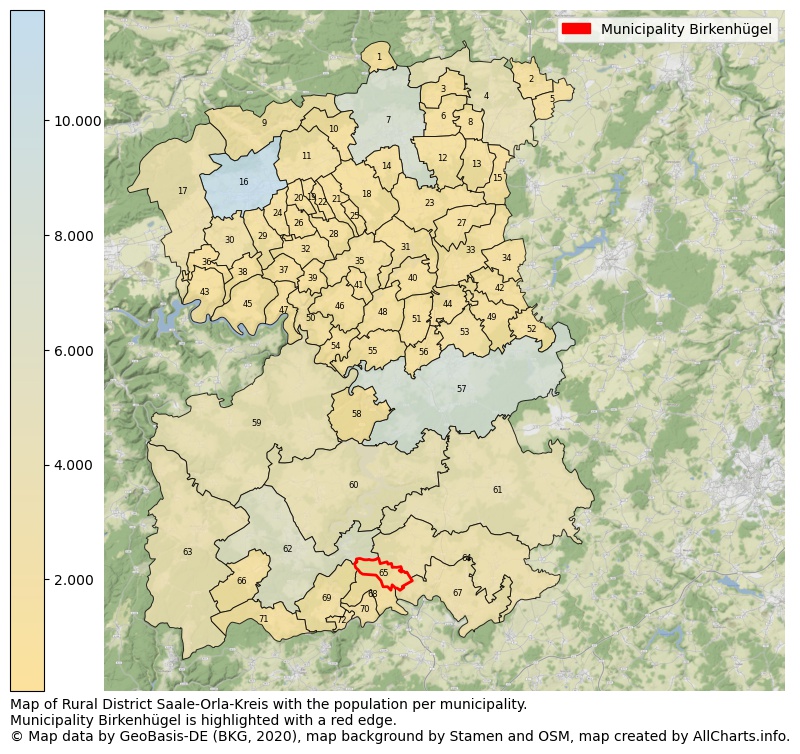 Map of Rural district Saale-Orla-Kreis with the population per municipality.Municipality Birkenhügel is highlighted with a red edge.. This page shows a lot of information about residents (such as the distribution by age groups, family composition, gender, native or German with an immigration background, ...), homes (numbers, types, price development, use, type of property, ...) and more (car ownership, energy consumption, ...) based on open data from the German Federal Agency for Cartography, the Federal Statistical Office (DESTATIS), the Regional Statistical Offices and various other sources!