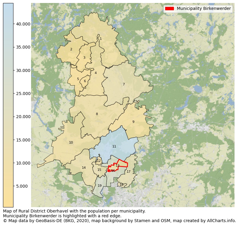 Map of Rural district Oberhavel with the population per municipality.Municipality Birkenwerder is highlighted with a red edge.. This page shows a lot of information about residents (such as the distribution by age groups, family composition, gender, native or German with an immigration background, ...), homes (numbers, types, price development, use, type of property, ...) and more (car ownership, energy consumption, ...) based on open data from the German Federal Agency for Cartography, the Federal Statistical Office (DESTATIS), the Regional Statistical Offices and various other sources!