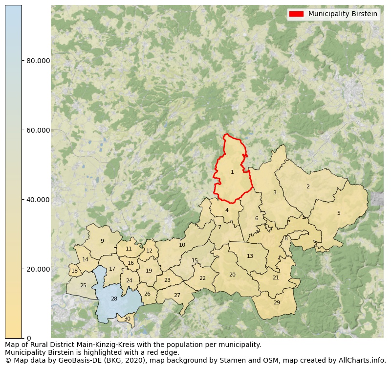 Map of Rural district Main-Kinzig-Kreis with the population per municipality.Municipality Birstein is highlighted with a red edge.. This page shows a lot of information about residents (such as the distribution by age groups, family composition, gender, native or German with an immigration background, ...), homes (numbers, types, price development, use, type of property, ...) and more (car ownership, energy consumption, ...) based on open data from the German Federal Agency for Cartography, the Federal Statistical Office (DESTATIS), the Regional Statistical Offices and various other sources!