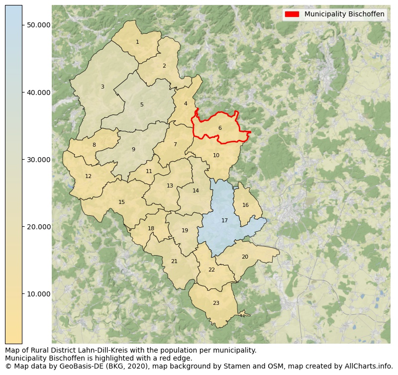 Map of Rural district Lahn-Dill-Kreis with the population per municipality.Municipality Bischoffen is highlighted with a red edge.. This page shows a lot of information about residents (such as the distribution by age groups, family composition, gender, native or German with an immigration background, ...), homes (numbers, types, price development, use, type of property, ...) and more (car ownership, energy consumption, ...) based on open data from the German Federal Agency for Cartography, the Federal Statistical Office (DESTATIS), the Regional Statistical Offices and various other sources!