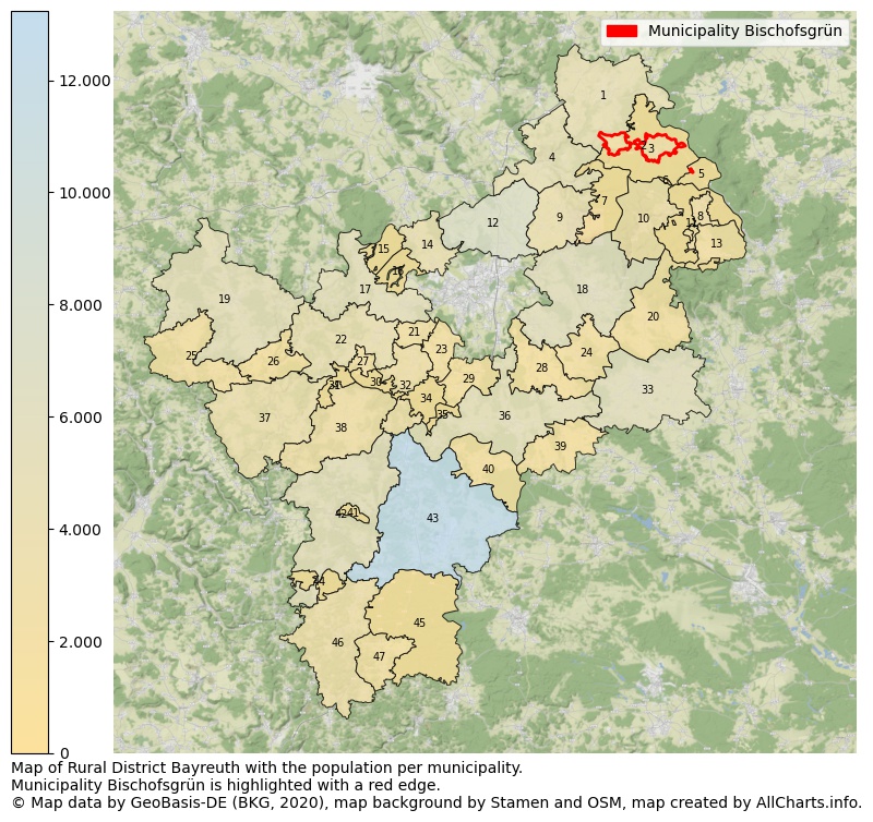 Map of Rural district Bayreuth with the population per municipality.Municipality Bischofsgrün is highlighted with a red edge.. This page shows a lot of information about residents (such as the distribution by age groups, family composition, gender, native or German with an immigration background, ...), homes (numbers, types, price development, use, type of property, ...) and more (car ownership, energy consumption, ...) based on open data from the German Federal Agency for Cartography, the Federal Statistical Office (DESTATIS), the Regional Statistical Offices and various other sources!
