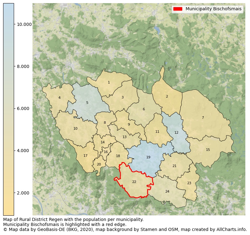 Map of Rural district Regen with the population per municipality.Municipality Bischofsmais is highlighted with a red edge.. This page shows a lot of information about residents (such as the distribution by age groups, family composition, gender, native or German with an immigration background, ...), homes (numbers, types, price development, use, type of property, ...) and more (car ownership, energy consumption, ...) based on open data from the German Federal Agency for Cartography, the Federal Statistical Office (DESTATIS), the Regional Statistical Offices and various other sources!