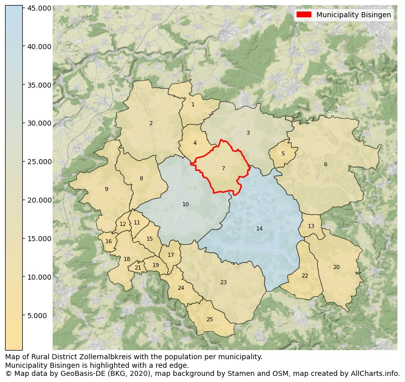 Map of Rural district Zollernalbkreis with the population per municipality.Municipality Bisingen is highlighted with a red edge.. This page shows a lot of information about residents (such as the distribution by age groups, family composition, gender, native or German with an immigration background, ...), homes (numbers, types, price development, use, type of property, ...) and more (car ownership, energy consumption, ...) based on open data from the German Federal Agency for Cartography, the Federal Statistical Office (DESTATIS), the Regional Statistical Offices and various other sources!