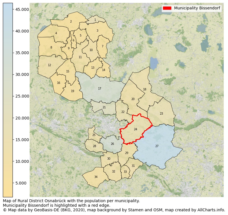 Map of Rural district Osnabrück with the population per municipality.Municipality Bissendorf is highlighted with a red edge.. This page shows a lot of information about residents (such as the distribution by age groups, family composition, gender, native or German with an immigration background, ...), homes (numbers, types, price development, use, type of property, ...) and more (car ownership, energy consumption, ...) based on open data from the German Federal Agency for Cartography, the Federal Statistical Office (DESTATIS), the Regional Statistical Offices and various other sources!