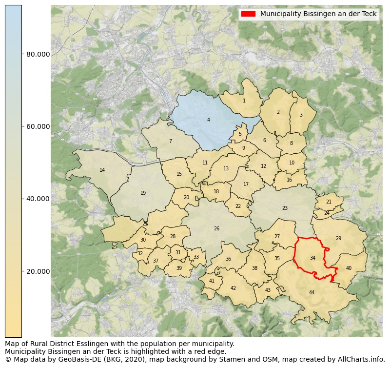 Map of Rural district Esslingen with the population per municipality.Municipality Bissingen an der Teck is highlighted with a red edge.. This page shows a lot of information about residents (such as the distribution by age groups, family composition, gender, native or German with an immigration background, ...), homes (numbers, types, price development, use, type of property, ...) and more (car ownership, energy consumption, ...) based on open data from the German Federal Agency for Cartography, the Federal Statistical Office (DESTATIS), the Regional Statistical Offices and various other sources!