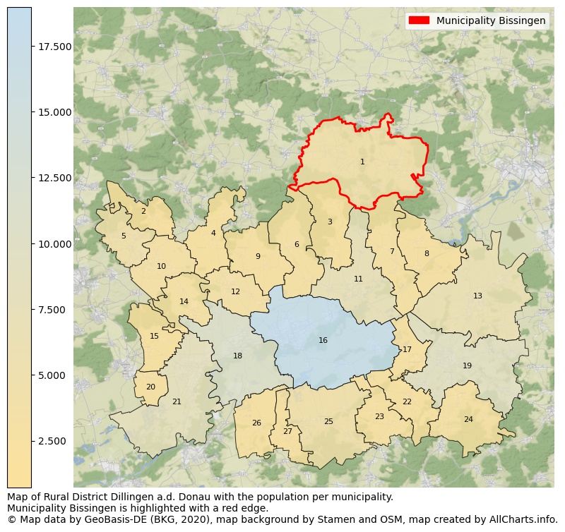 Map of Rural district Dillingen a.d. Donau with the population per municipality.Municipality Bissingen is highlighted with a red edge.. This page shows a lot of information about residents (such as the distribution by age groups, family composition, gender, native or German with an immigration background, ...), homes (numbers, types, price development, use, type of property, ...) and more (car ownership, energy consumption, ...) based on open data from the German Federal Agency for Cartography, the Federal Statistical Office (DESTATIS), the Regional Statistical Offices and various other sources!