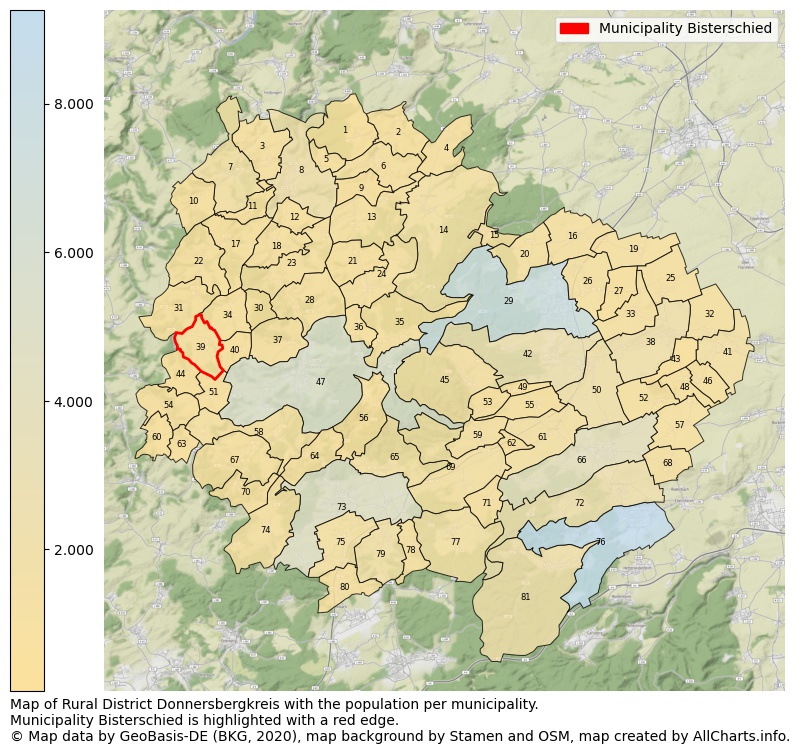 Map of Rural district Donnersbergkreis with the population per municipality.Municipality Bisterschied is highlighted with a red edge.. This page shows a lot of information about residents (such as the distribution by age groups, family composition, gender, native or German with an immigration background, ...), homes (numbers, types, price development, use, type of property, ...) and more (car ownership, energy consumption, ...) based on open data from the German Federal Agency for Cartography, the Federal Statistical Office (DESTATIS), the Regional Statistical Offices and various other sources!