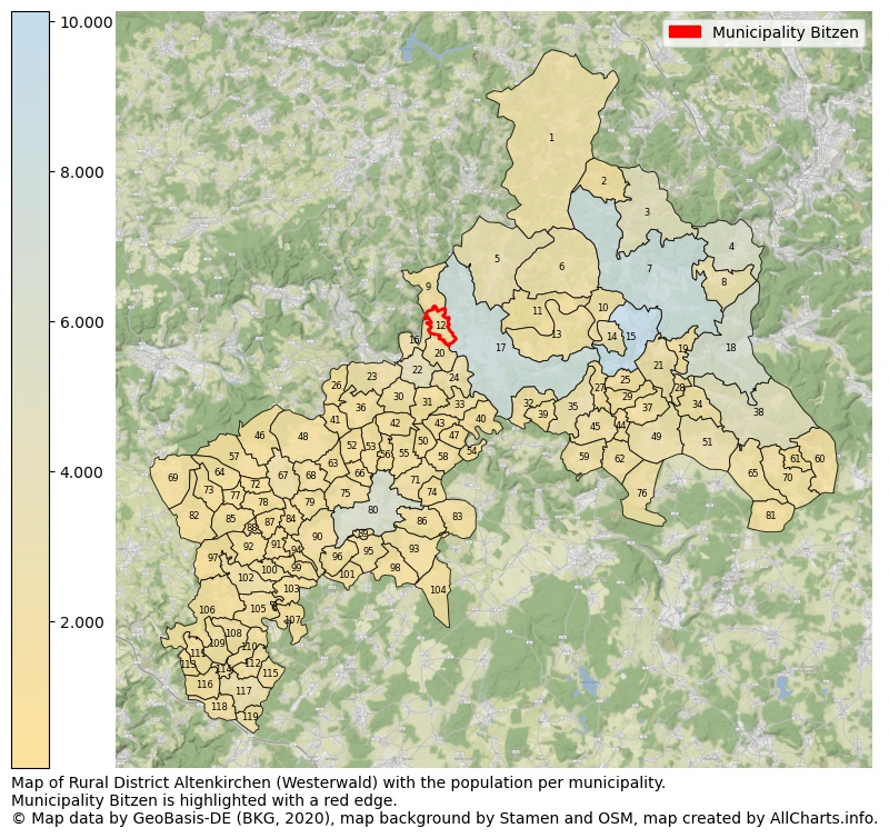 Map of Rural district Altenkirchen (Westerwald) with the population per municipality.Municipality Bitzen is highlighted with a red edge.. This page shows a lot of information about residents (such as the distribution by age groups, family composition, gender, native or German with an immigration background, ...), homes (numbers, types, price development, use, type of property, ...) and more (car ownership, energy consumption, ...) based on open data from the German Federal Agency for Cartography, the Federal Statistical Office (DESTATIS), the Regional Statistical Offices and various other sources!