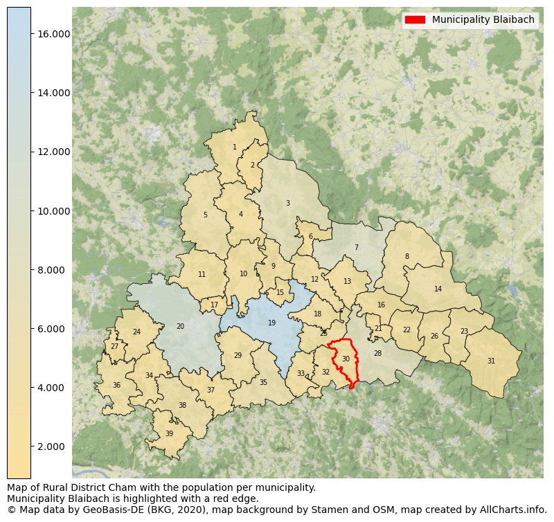 Map of Rural district Cham with the population per municipality.Municipality Blaibach is highlighted with a red edge.. This page shows a lot of information about residents (such as the distribution by age groups, family composition, gender, native or German with an immigration background, ...), homes (numbers, types, price development, use, type of property, ...) and more (car ownership, energy consumption, ...) based on open data from the German Federal Agency for Cartography, the Federal Statistical Office (DESTATIS), the Regional Statistical Offices and various other sources!